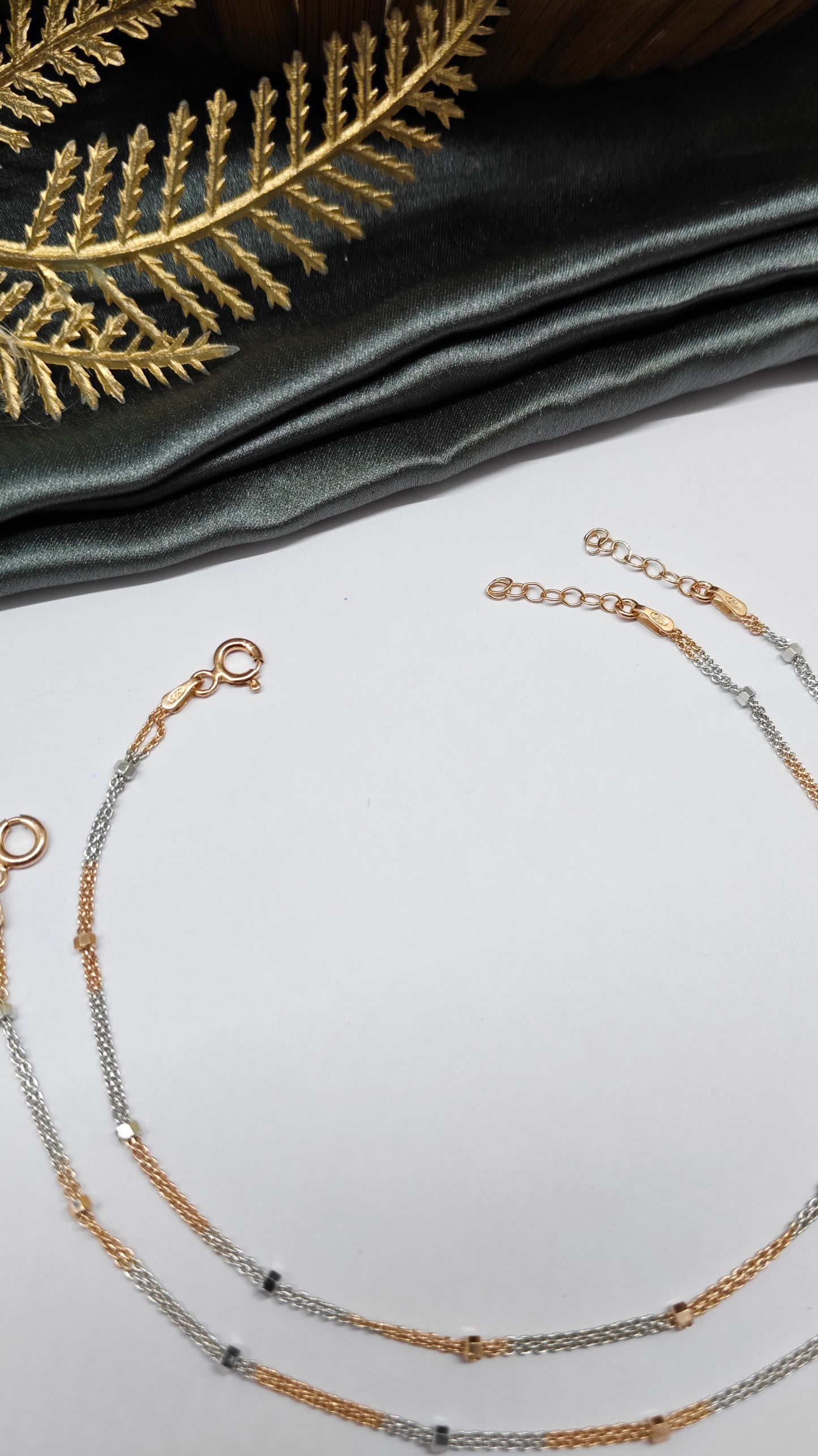 925 Silver Two Tone Layer Rose Gold-Silver Colour Design Anklet Pair