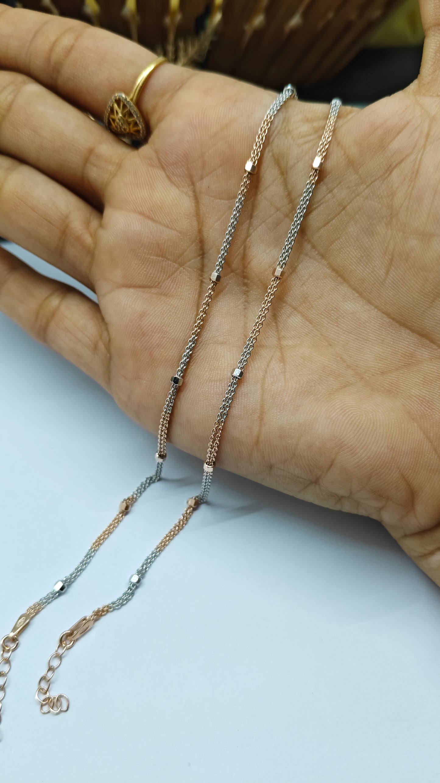 925 Silver Two Tone Layer Rose Gold-Silver Colour Design Anklet Pair