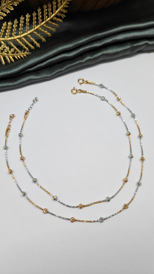 925 Silver 2 Tone Rose Gold-Silver Colour Beads Design Anklet Pair