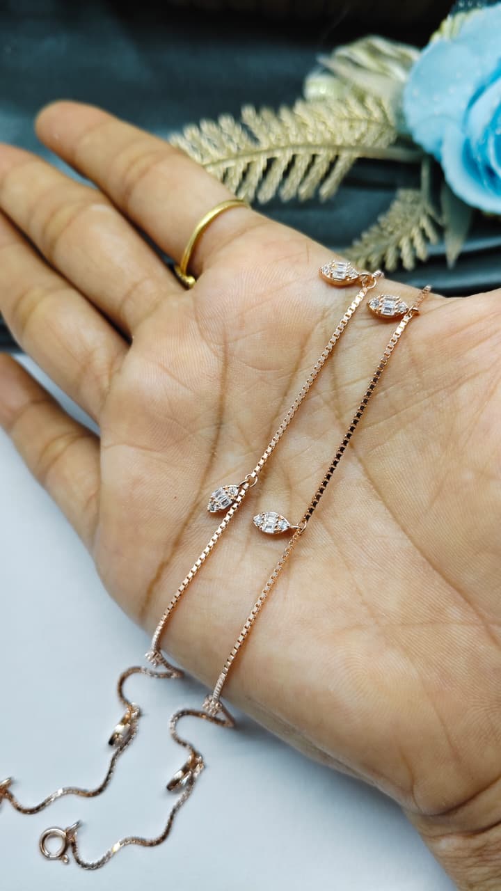 925 Silver Rose Gold Colour White Stone Hanging Design Anklets