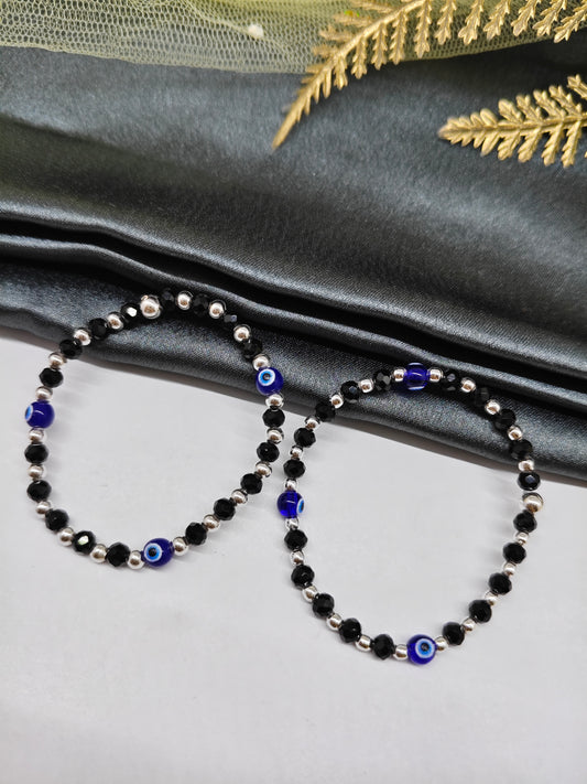 925 Silver Kids Nazariya Silver Beads With Black Beads 3 Small Evil Eye In Plastic Stretchable Anklet\Bracelet Pair
