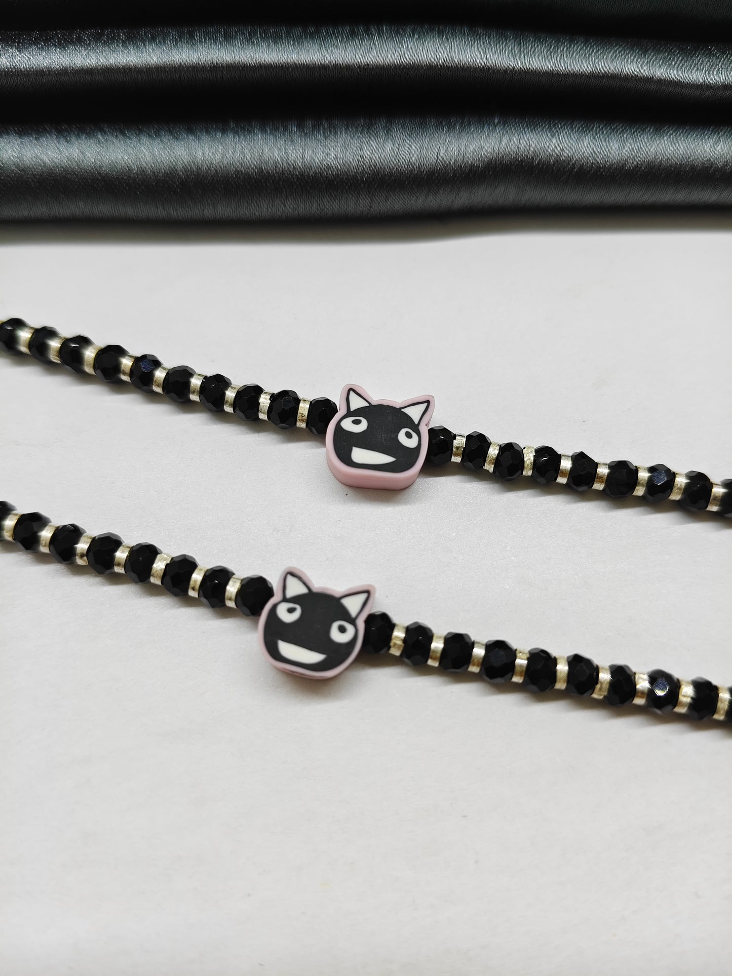 925 Silver Kids Nazariya Silver With Black Beads Rubber Black Cat Design Anklet\Bracelet Pair