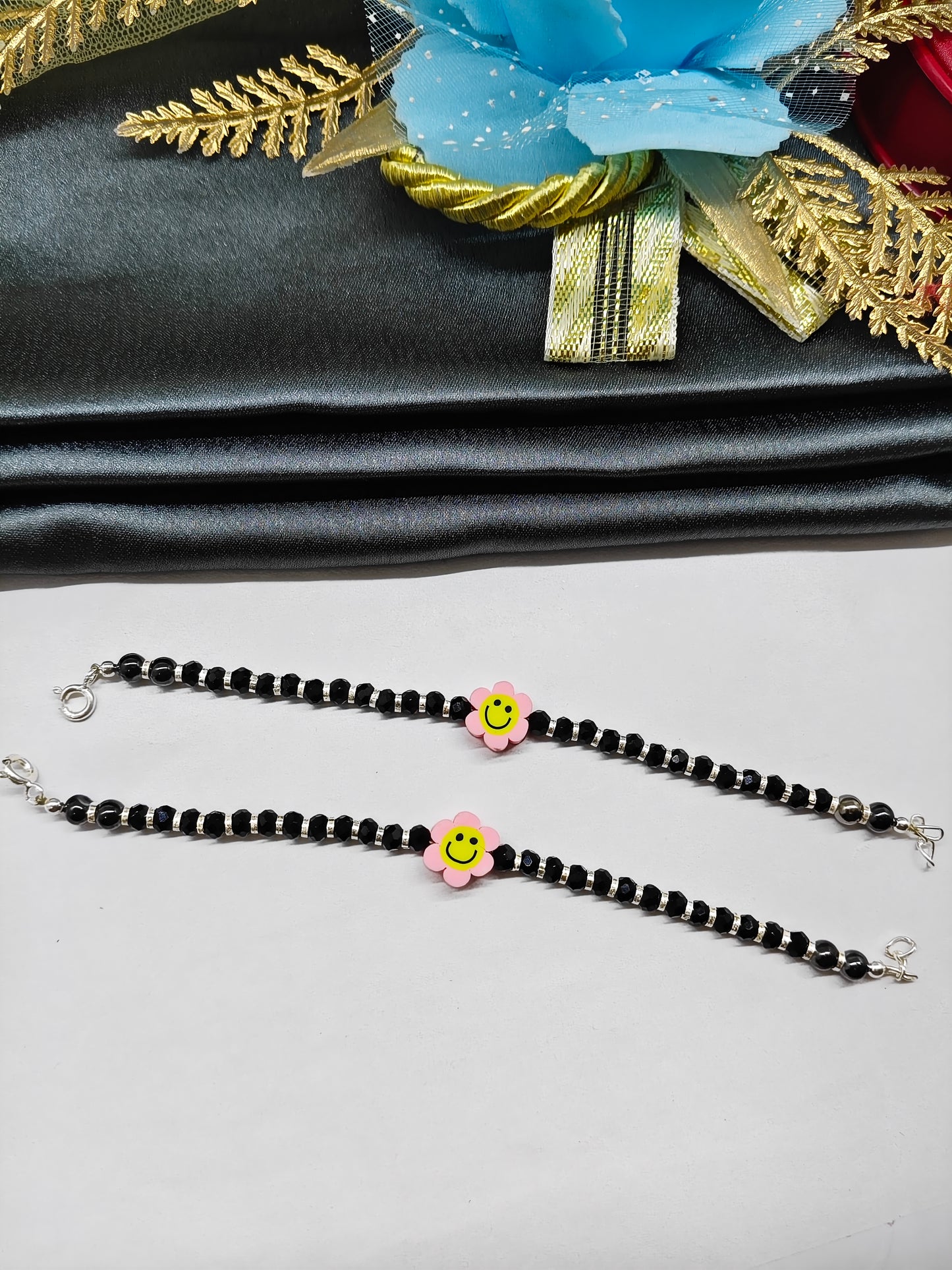 925 Silver Kids Nazariya Silver With Black Beads Rubber Pink With Yellow Sun Flower Design Anklet\Bracelet Pair