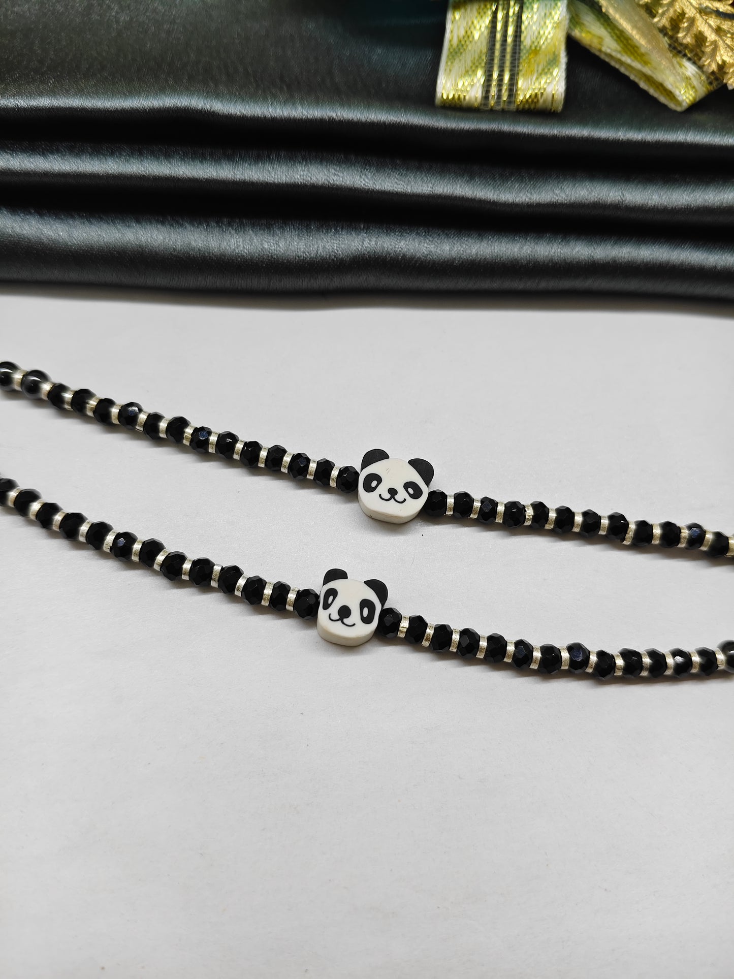 925 Silver Kids Nazariya Silver With Black Beads Rubber Panda Design Anklet\Bracelet Pair