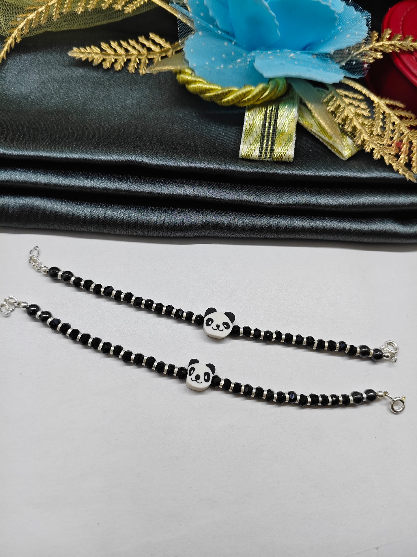 925 Silver Kids Nazariya Silver With Black Beads Rubber Panda Design Anklet\Bracelet Pair