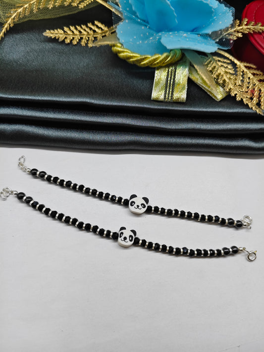 925 Silver Kids Nazariya Silver With Black Beads Rubber Panda Design Anklet\Bracelet Pair