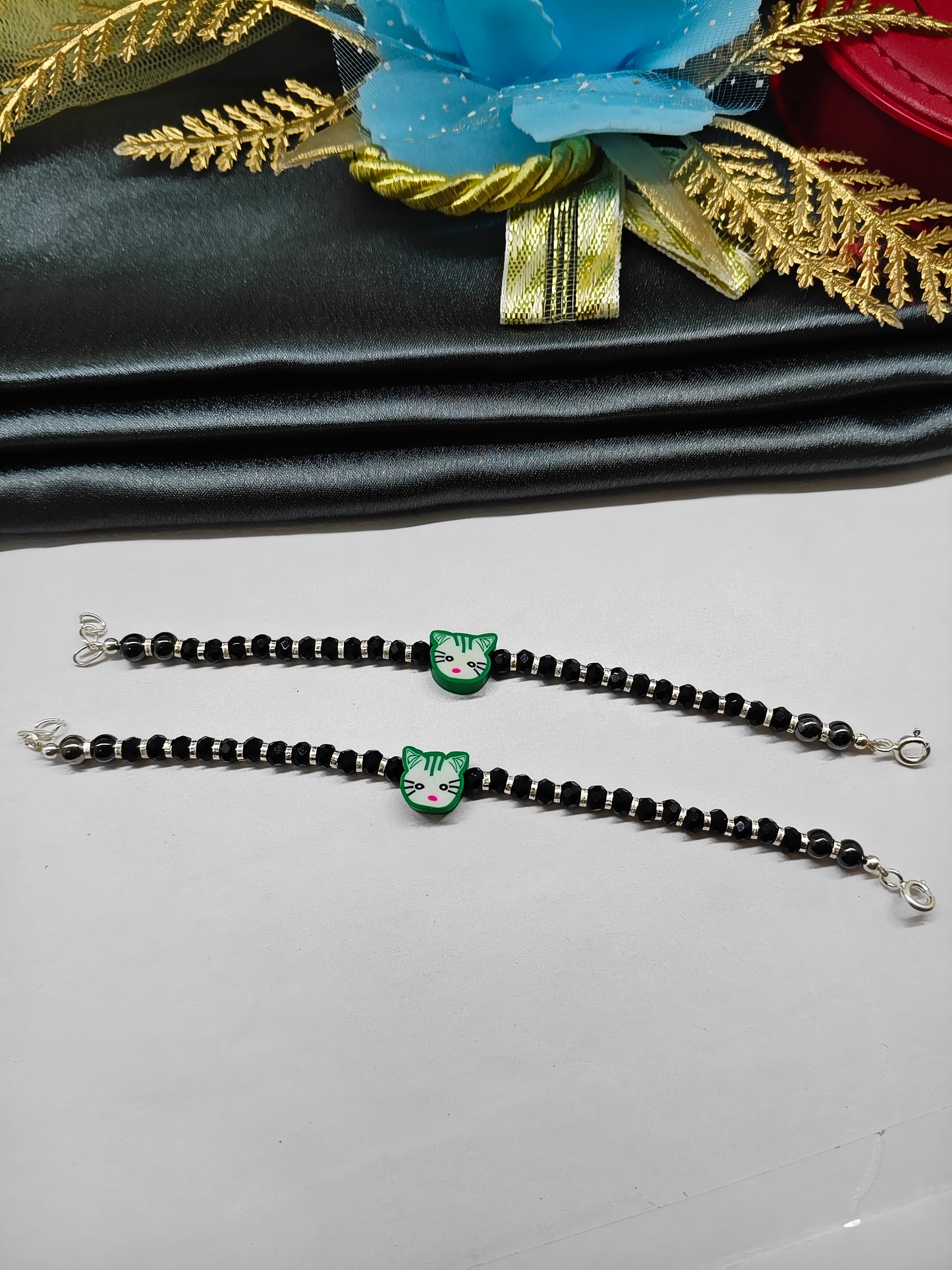 925 Silver Kids Nazariya Silver With Black Beads Rubber Green Cat Design Anklet\Bracelet Pair