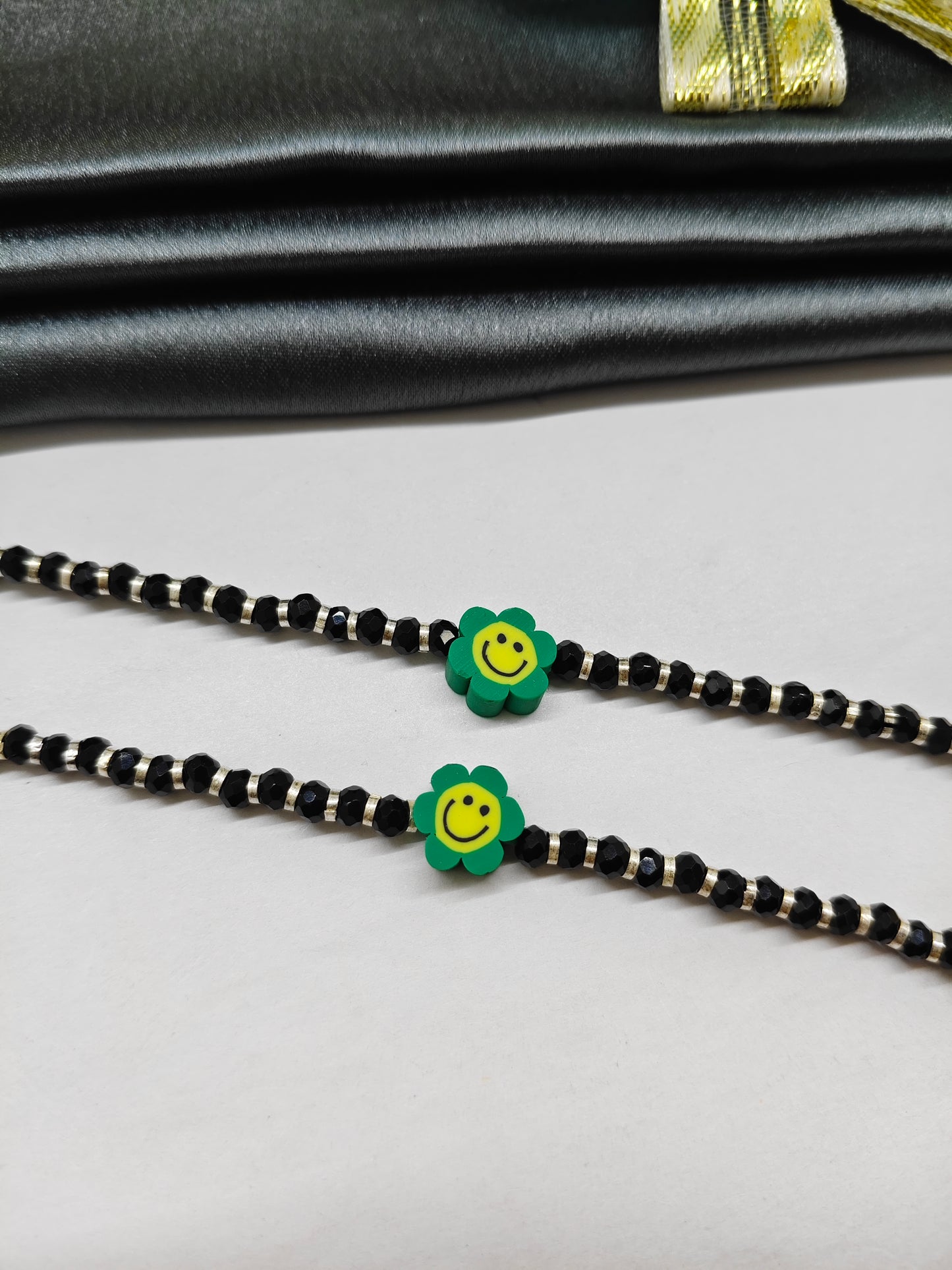 925 Silver Kids Nazariya Silver With Black Beads Rubber Green With Yellow Sunflower Design Anklet\Bracelet Pair