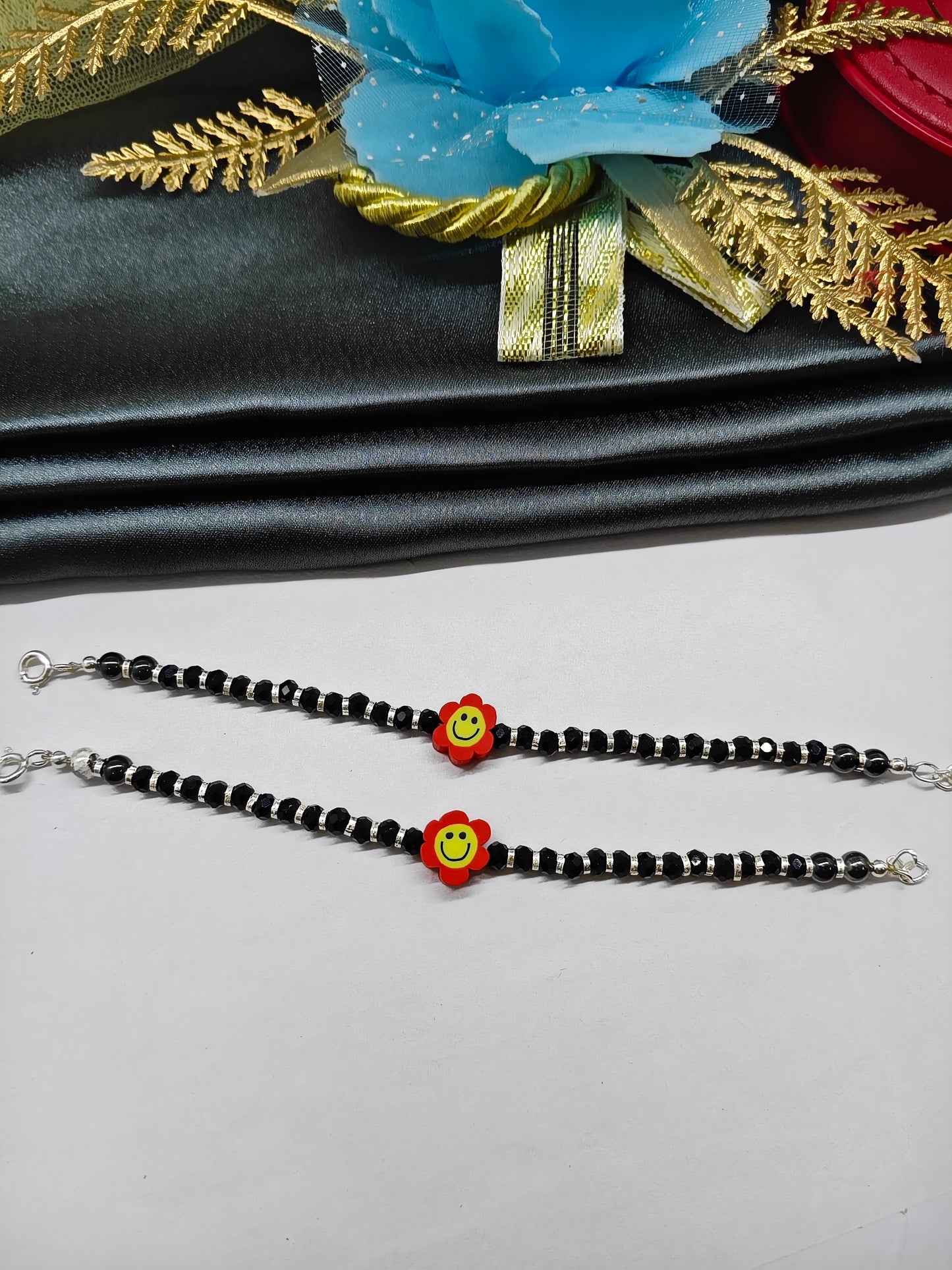925 Silver Kids Nazariya Silver With Black Beads Rubber Red With Yellow Sunflower Design Anklet\Bracelet Pair