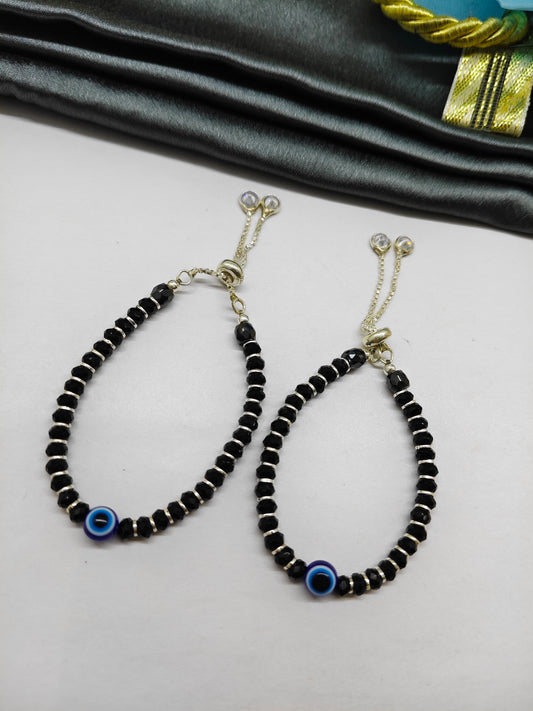 925 Silver Kids Nazariya Silver,Black Beads Evil Eye With Single White Design Adjustable Anklet\Bracelet Pair
