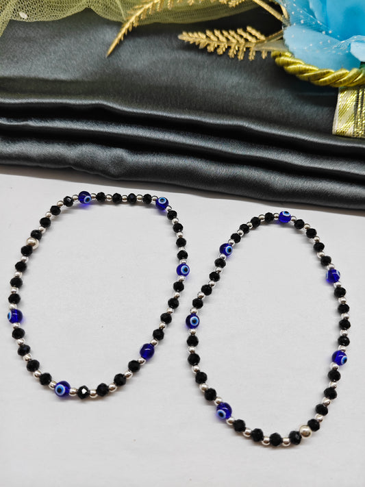925 Silver Medium Size Nazariya Silver Beads With Black Beads 6 Small Evil Eye in Plastic Stretchable Anklet Pair