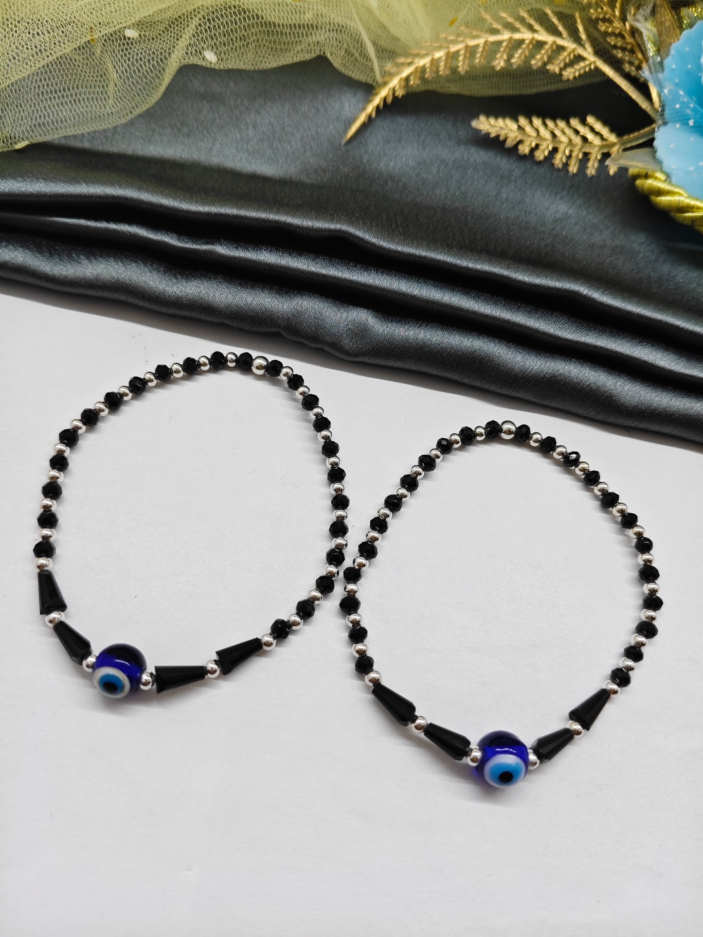 925 Silver Medium Size Nazariya Silver Beads With Black Beads Single Evil Eye in Plastic Stretchable Anklet Pair