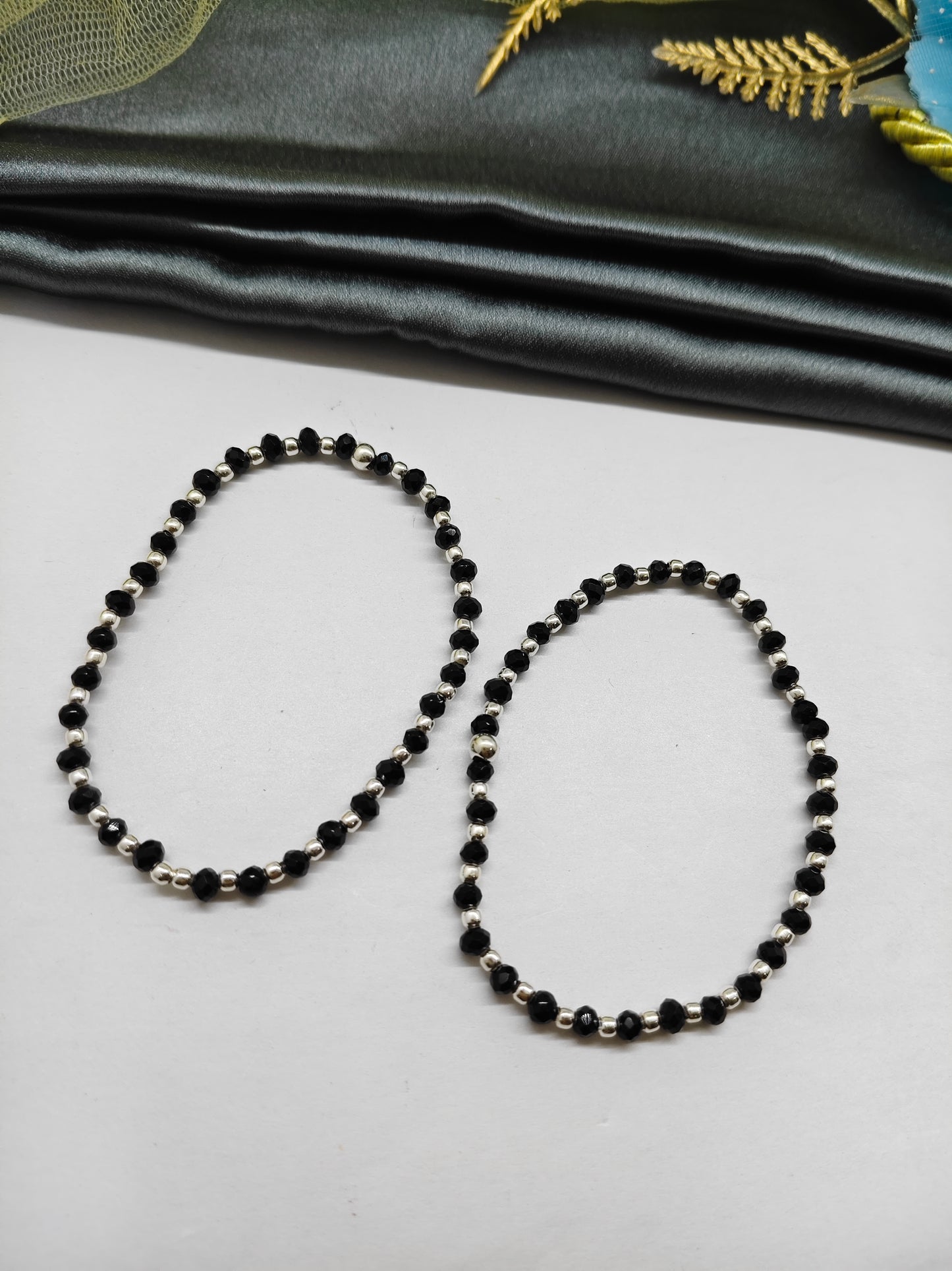 925 Silver Medium Size Nazariya Silver Beads With Black Beads in Plastic Stretchable Anklet\Bracelet Pair