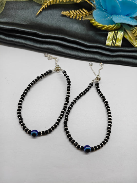 925 Silver Medium Size Nazariya Silver,Black Beads Evil Eye With Single White Design Adjustable Anklet\Bracelet Pair