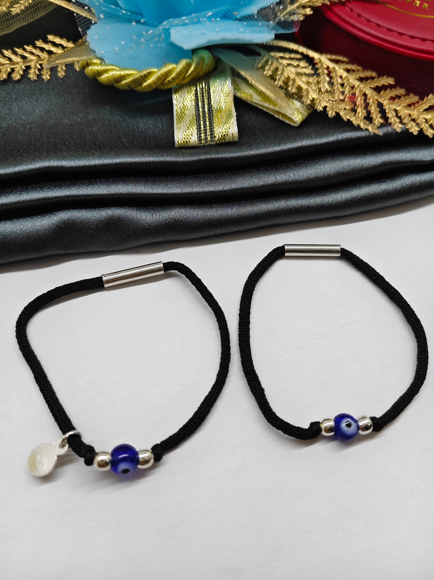 925 Silver Kids Nazariya Silver Beads With Evil Eye Design Stretchable Thread Anklet Pair