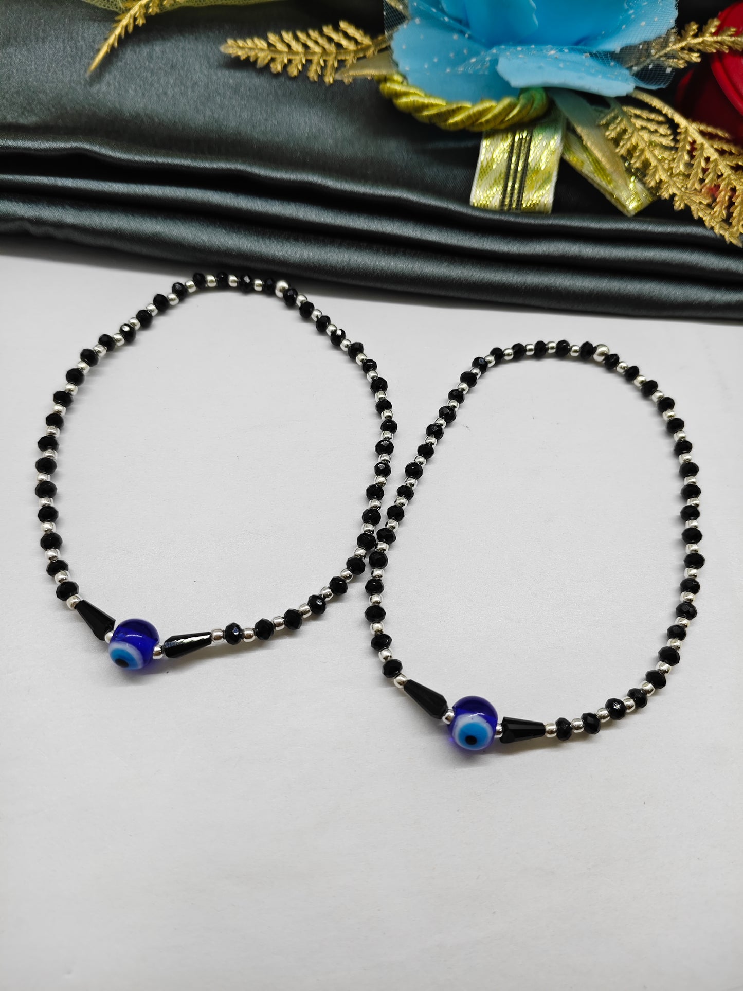 925 Silver Adults Nazariya Silver Beads With Black Beads Single Evil Eye in Plastic Stretchable Anklet Pair