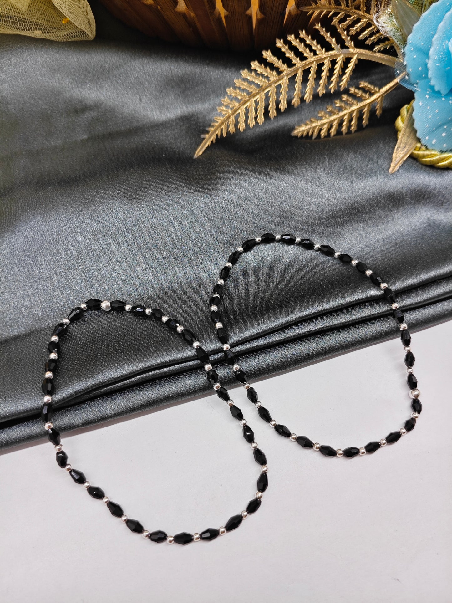 925 Silver Adults Nazariya Silver Beads With Black Beads in Plastic Stretchable Anklet Pair