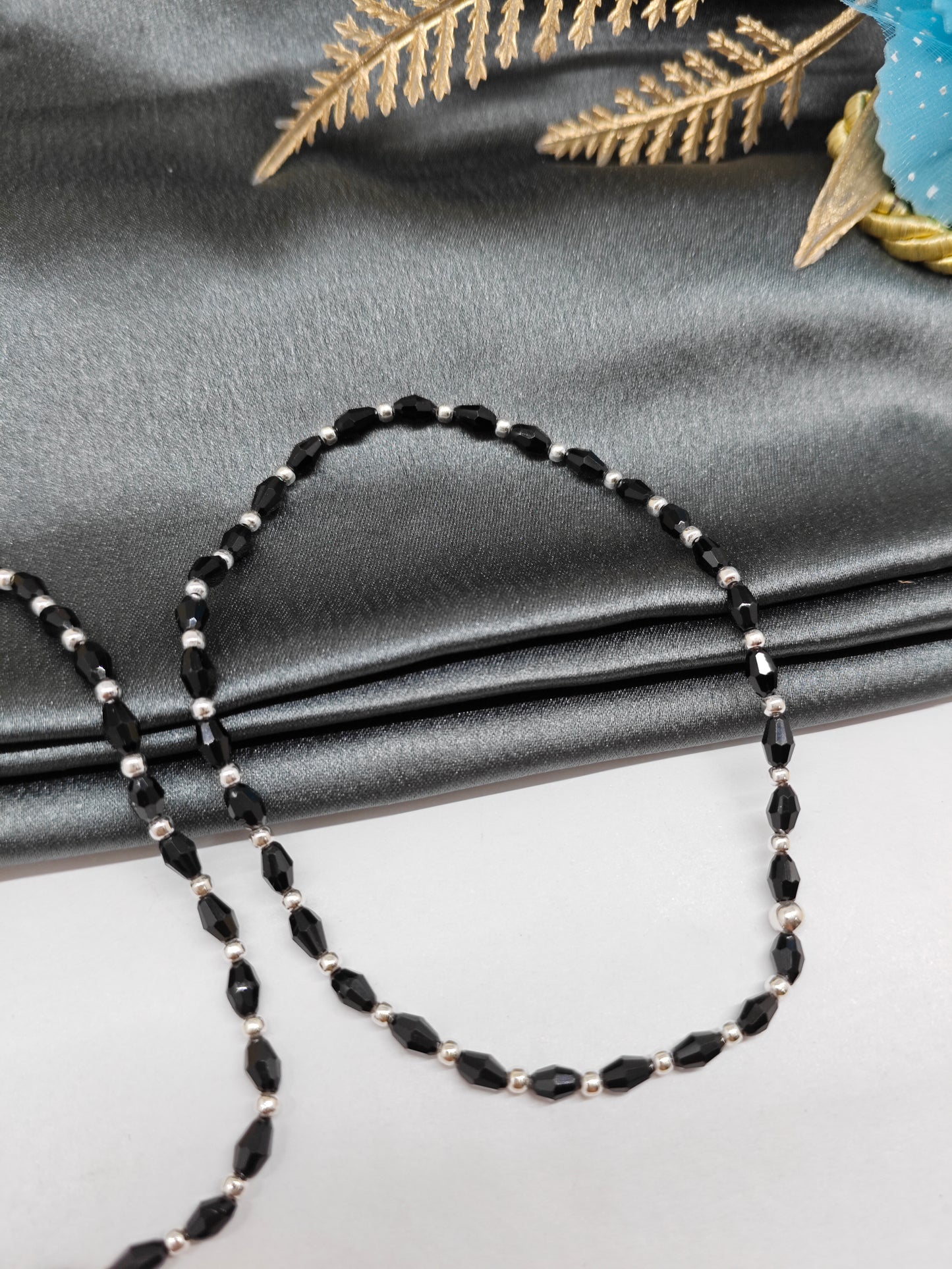 925 Silver Adults Nazariya Silver Beads With Black Beads in Plastic Stretchable Anklet Pair