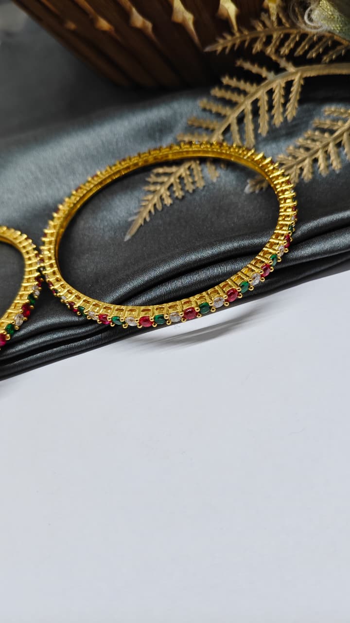 925 Silver Gold Colour Red/ Green/ White Stone Design Bangle Pair