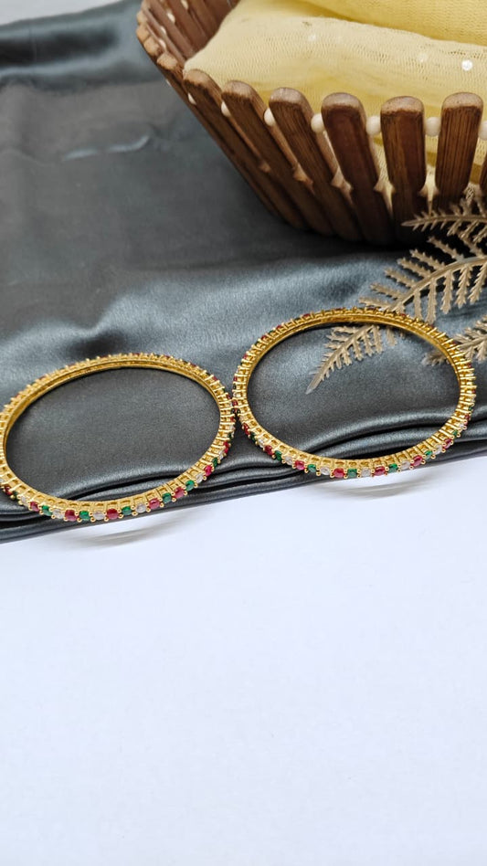 925 Silver Gold Colour Red/ Green/ White Stone Design Bangle Pair