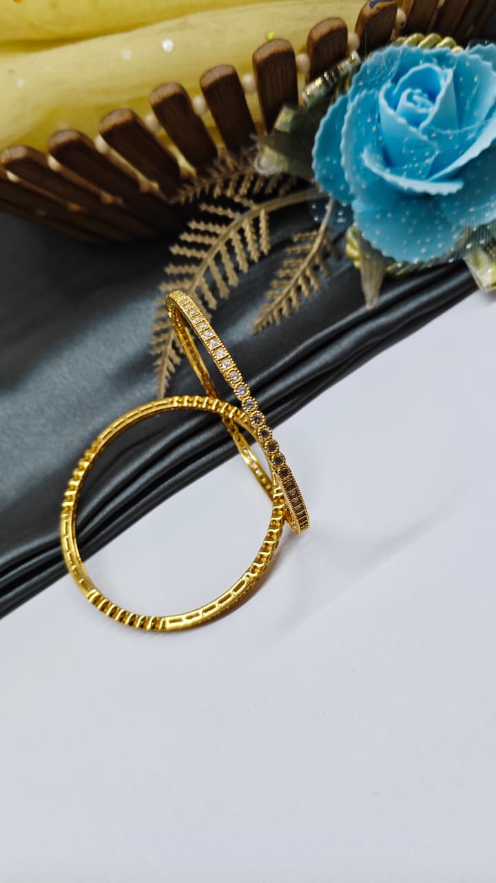 925 Silver Gold Colour White Stone Design Bangle Pair