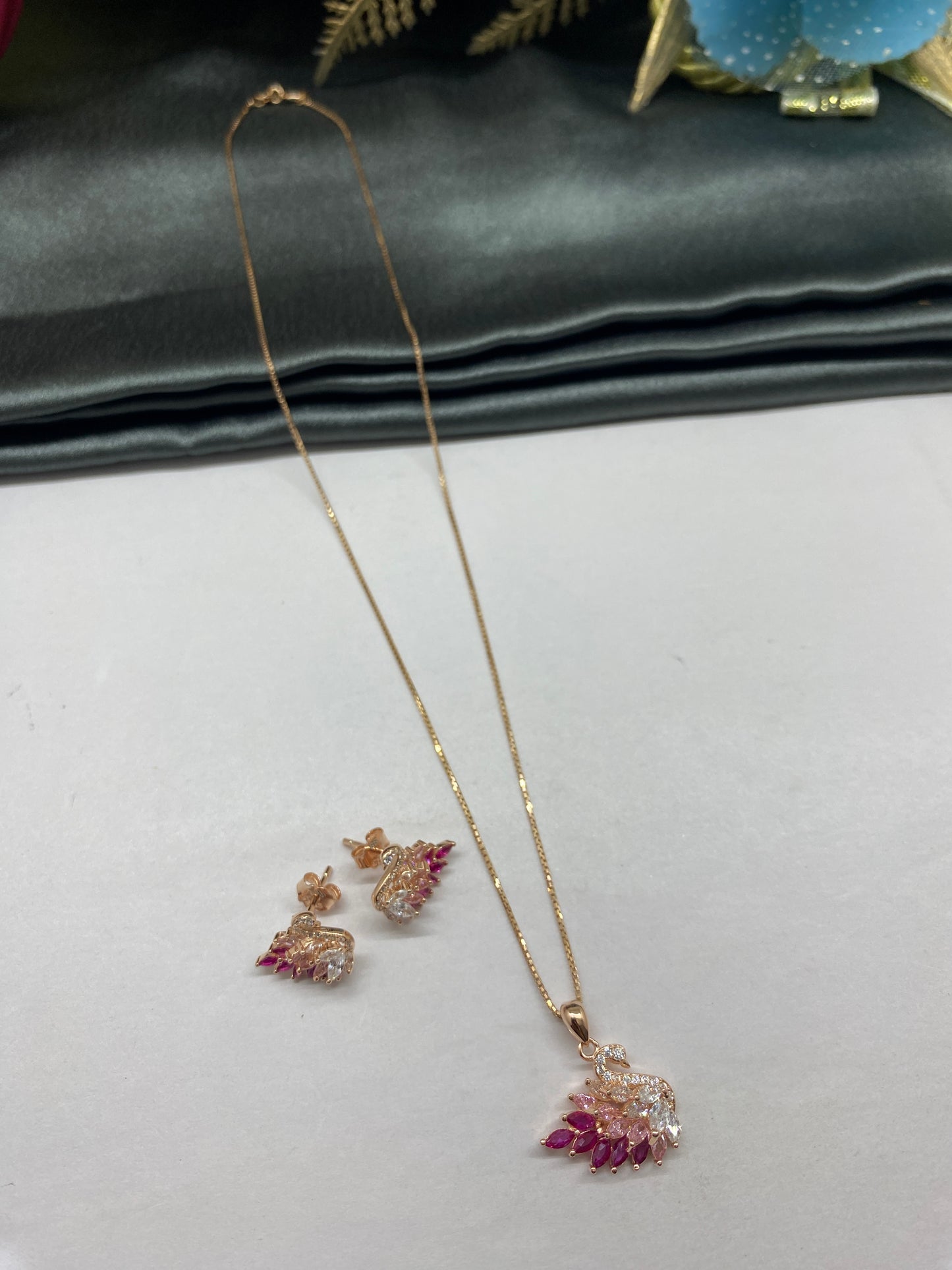 925 Silver Mulit-Colour Stone Swan Design Pendant Set with Earrings
