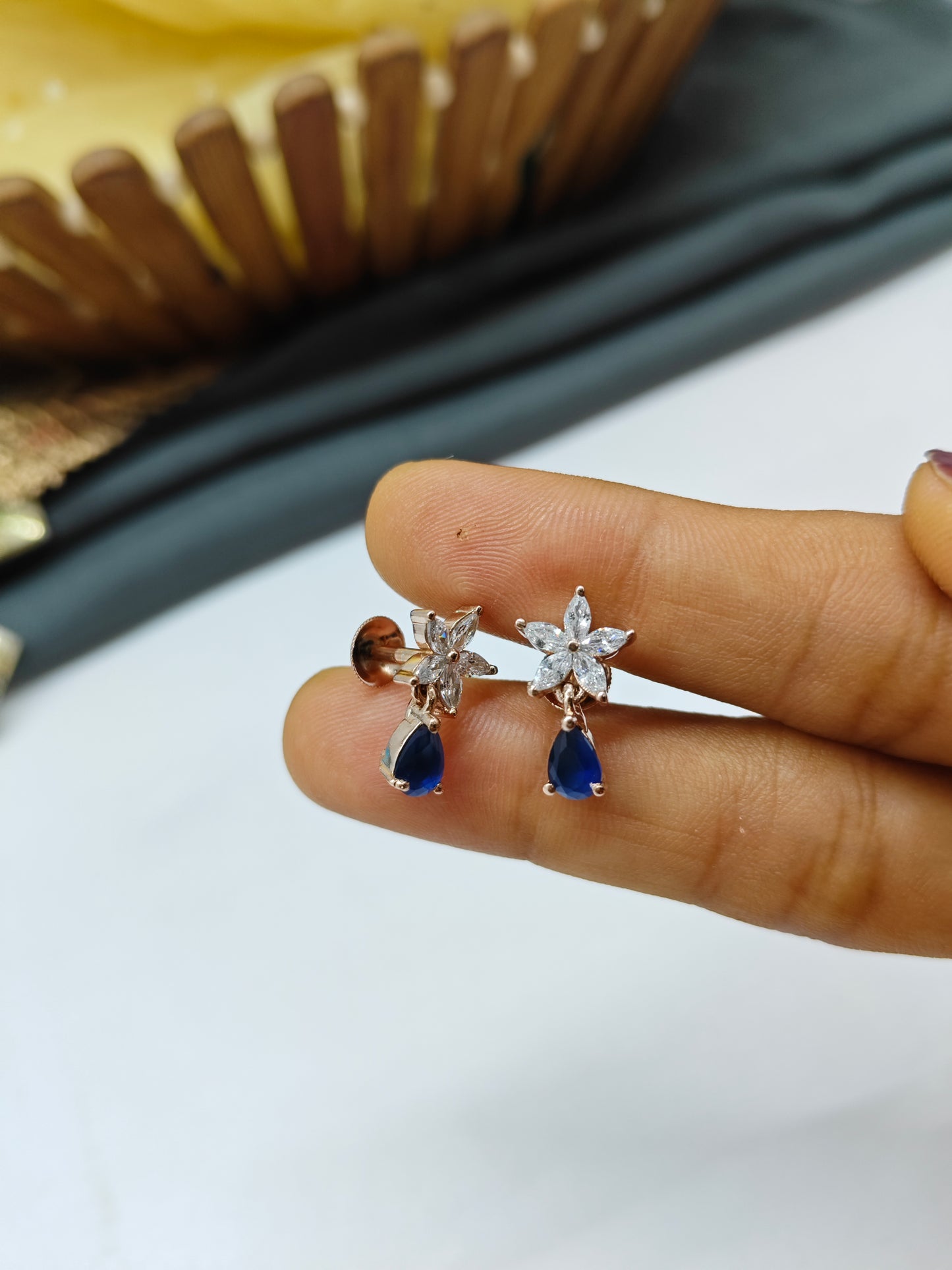 925 Silver Rose Gold Big Star Thongal Design With Blue Stone Earrings