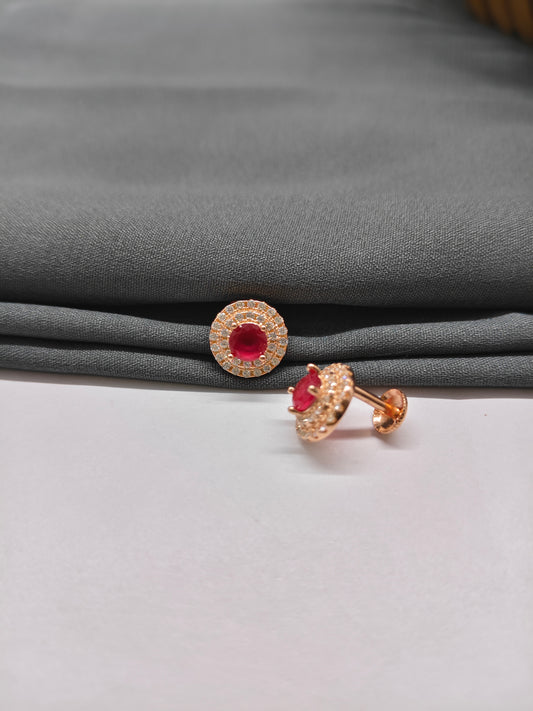 925 Silver Rose Gold Ruby With White Stone Round Earrings