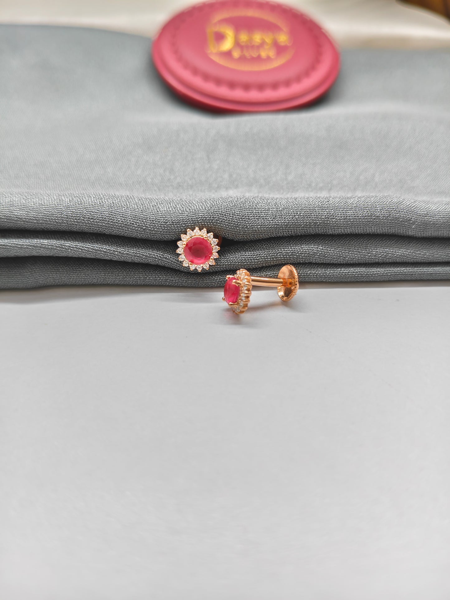 925 Silver Rose Gold Small Ruby With White Stone Earrings