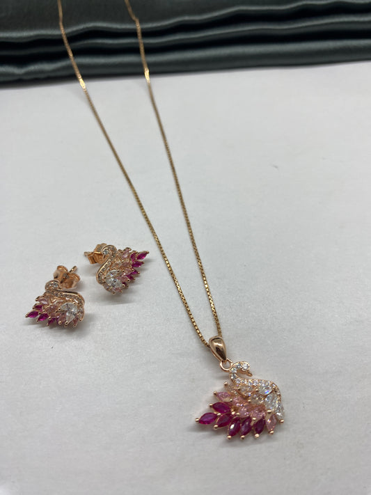 925 Silver Mulit-Colour Stone Swan Design Pendant Set with Earrings