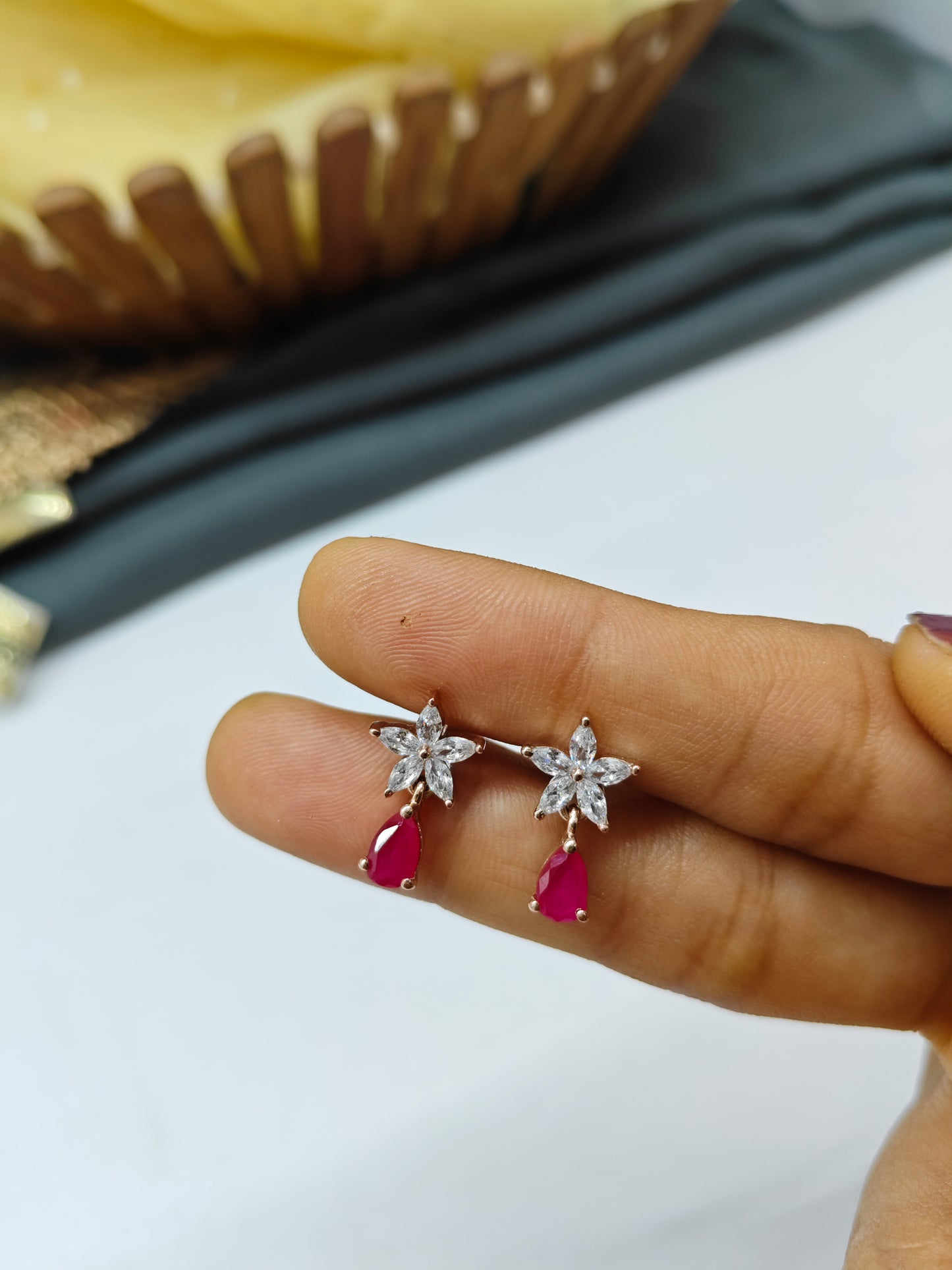 925 Silver Rose Gold Big Star Thongal Design With Red Stone Earrings