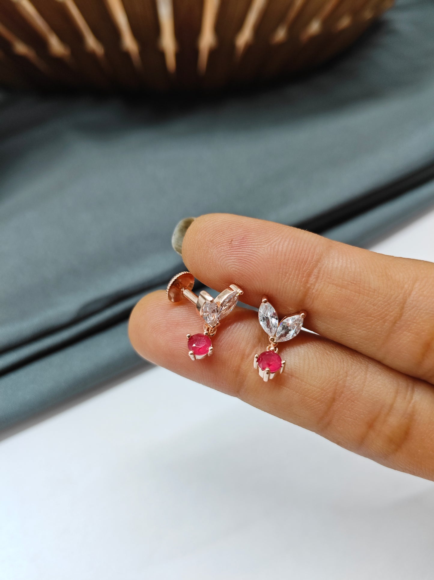 925 Silver Rose Gold White With Ruby Hanging Earrings