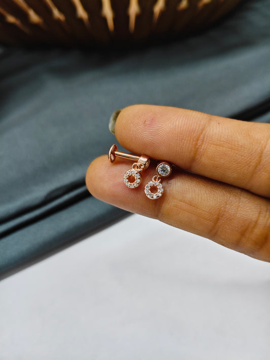 925 Silver Rose Gold Small Round Stone Hanging Earrings