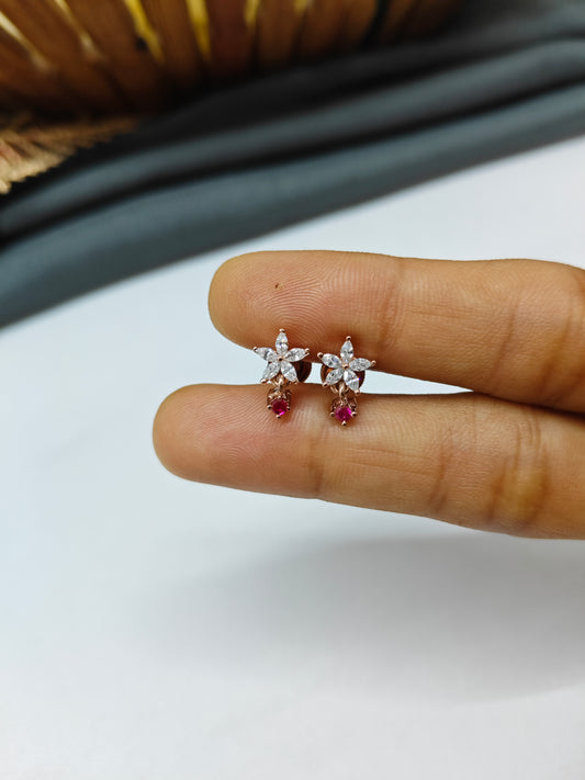 925 Silver Rose Gold Small Star Thongal Design With Red Stone Earrings