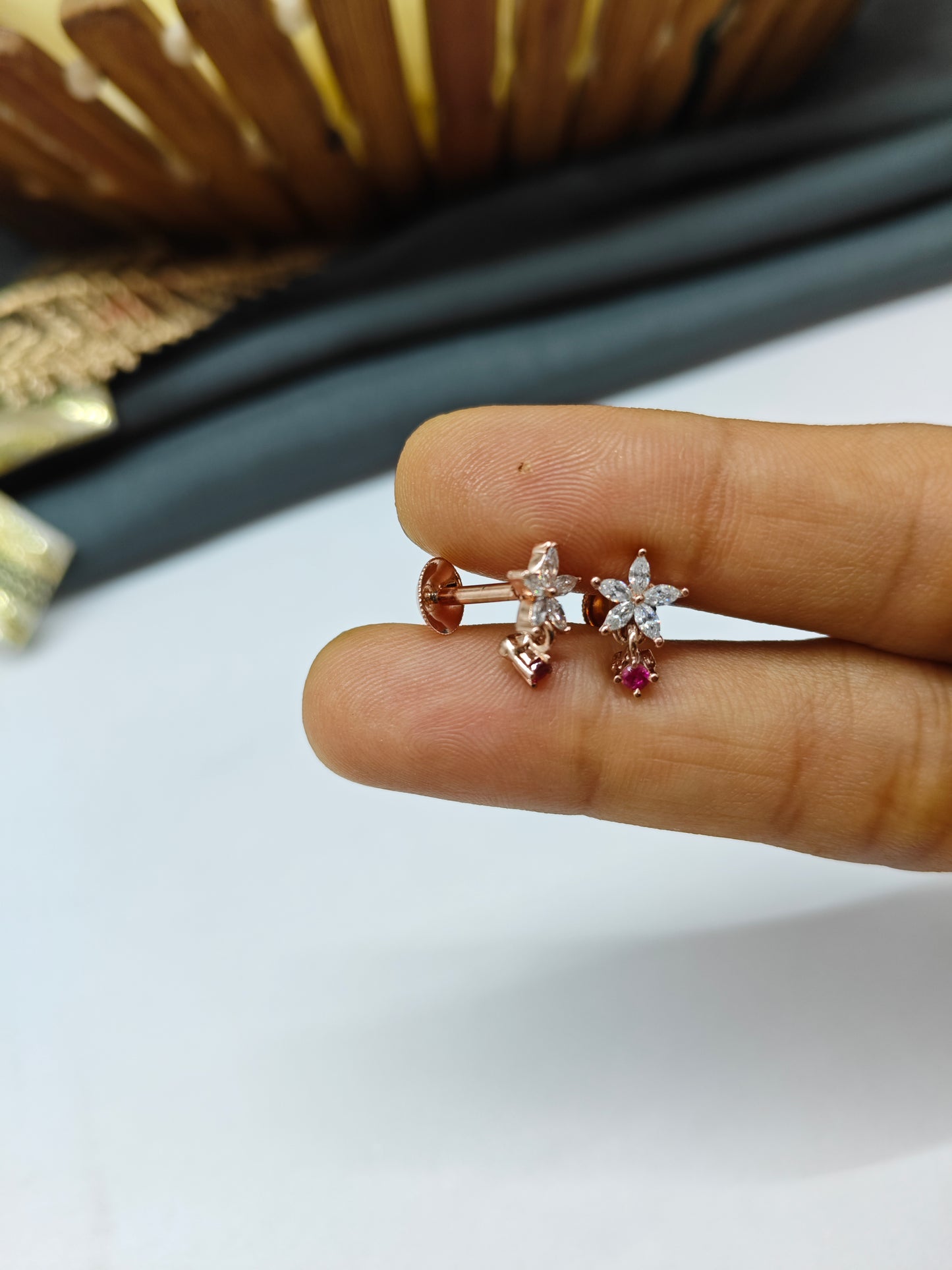925 Silver Rose Gold Small Star Thongal Design With Red Stone Earrings