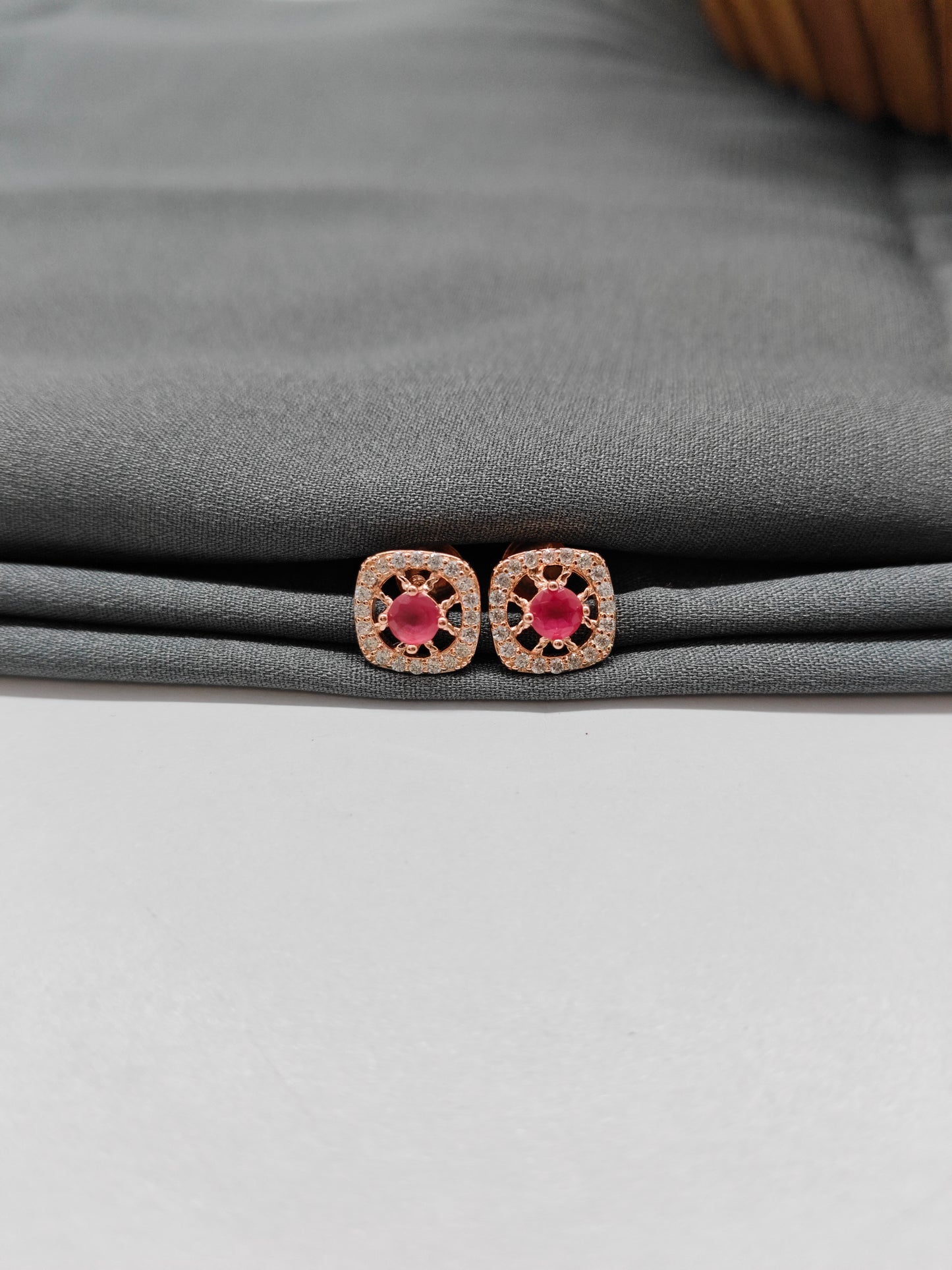 925 Silver Rose Gold Box Design Ruby With White Stone Earrings