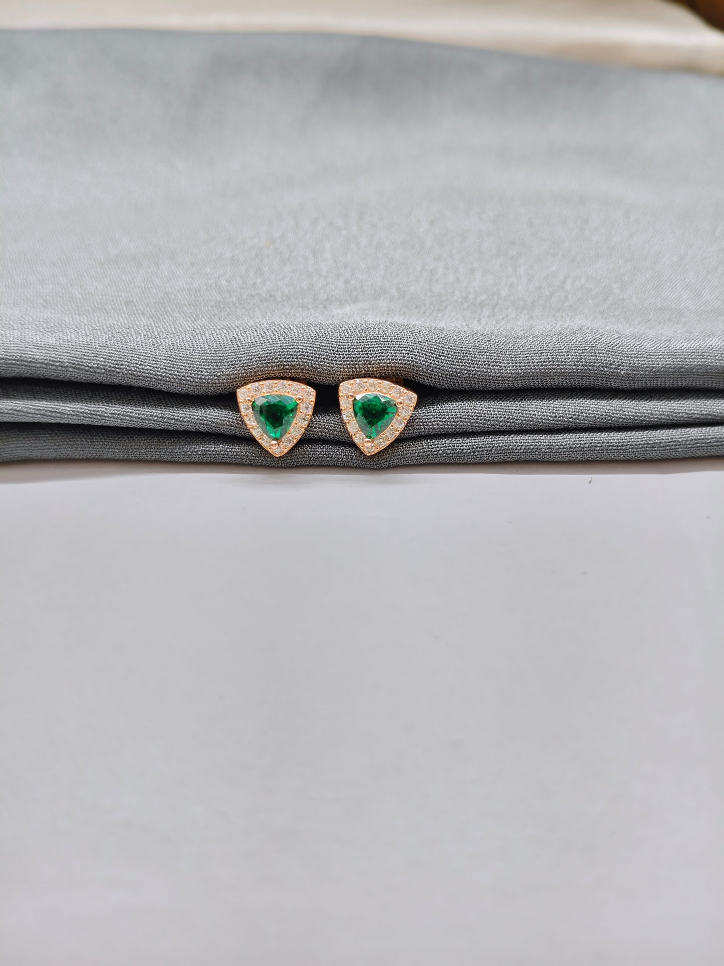 925 Silver Rose Gold Triangle Design Emerald With White Stone Earrings