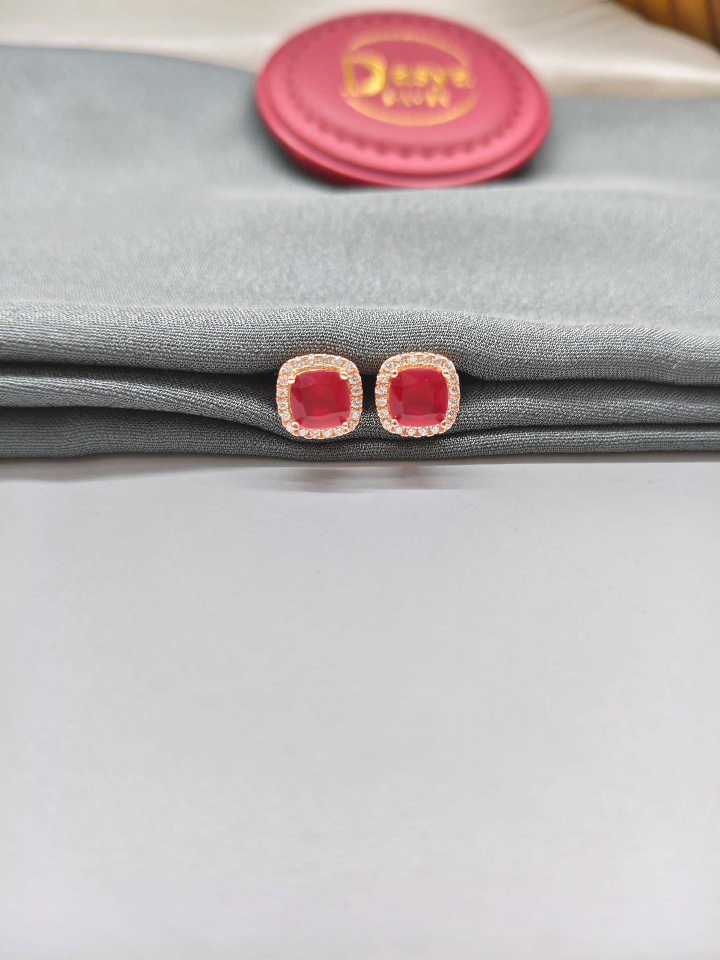 925 Silver Rose Gold Square Design Ruby With White Stone Earrings