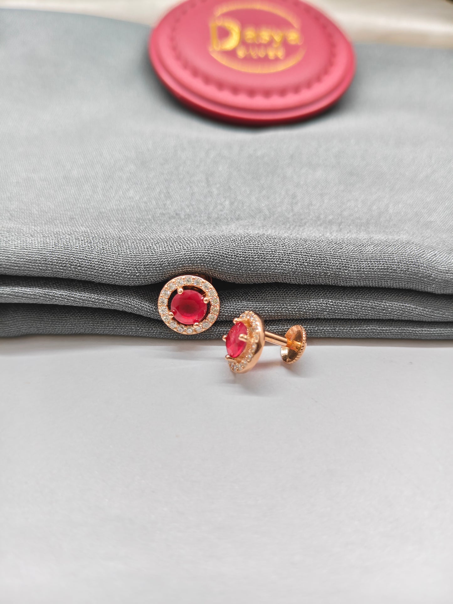 925 Silver Rose Gold Round Design Ruby With White Stone Earrings