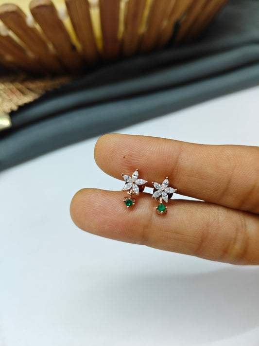 925 Silver Rose Gold Small Star Thongal Design With Green Stone Earrings