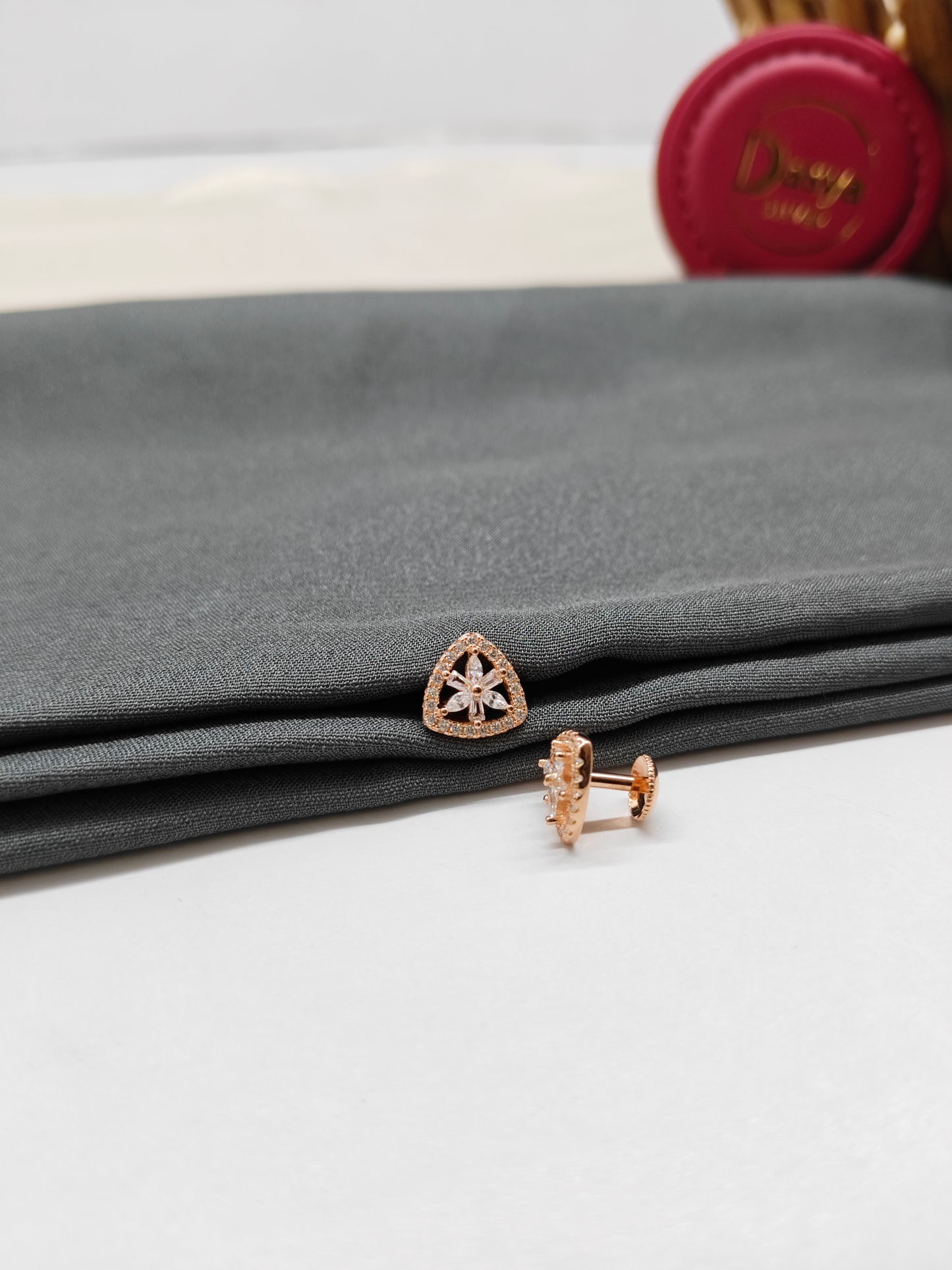 925 Silver Rose Gold Triangle Design White Stone Earrings