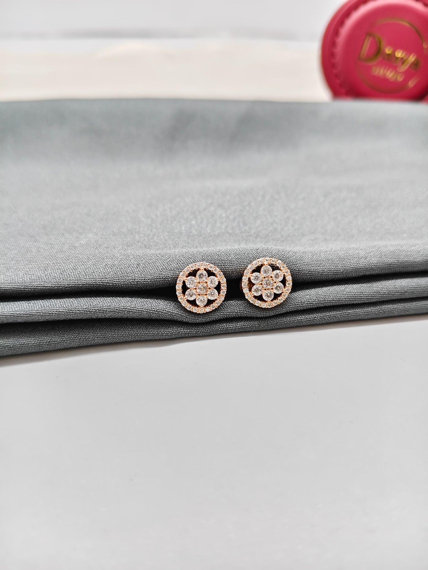 925 Silver Rose Gold Round Star Design White Stone Earrings