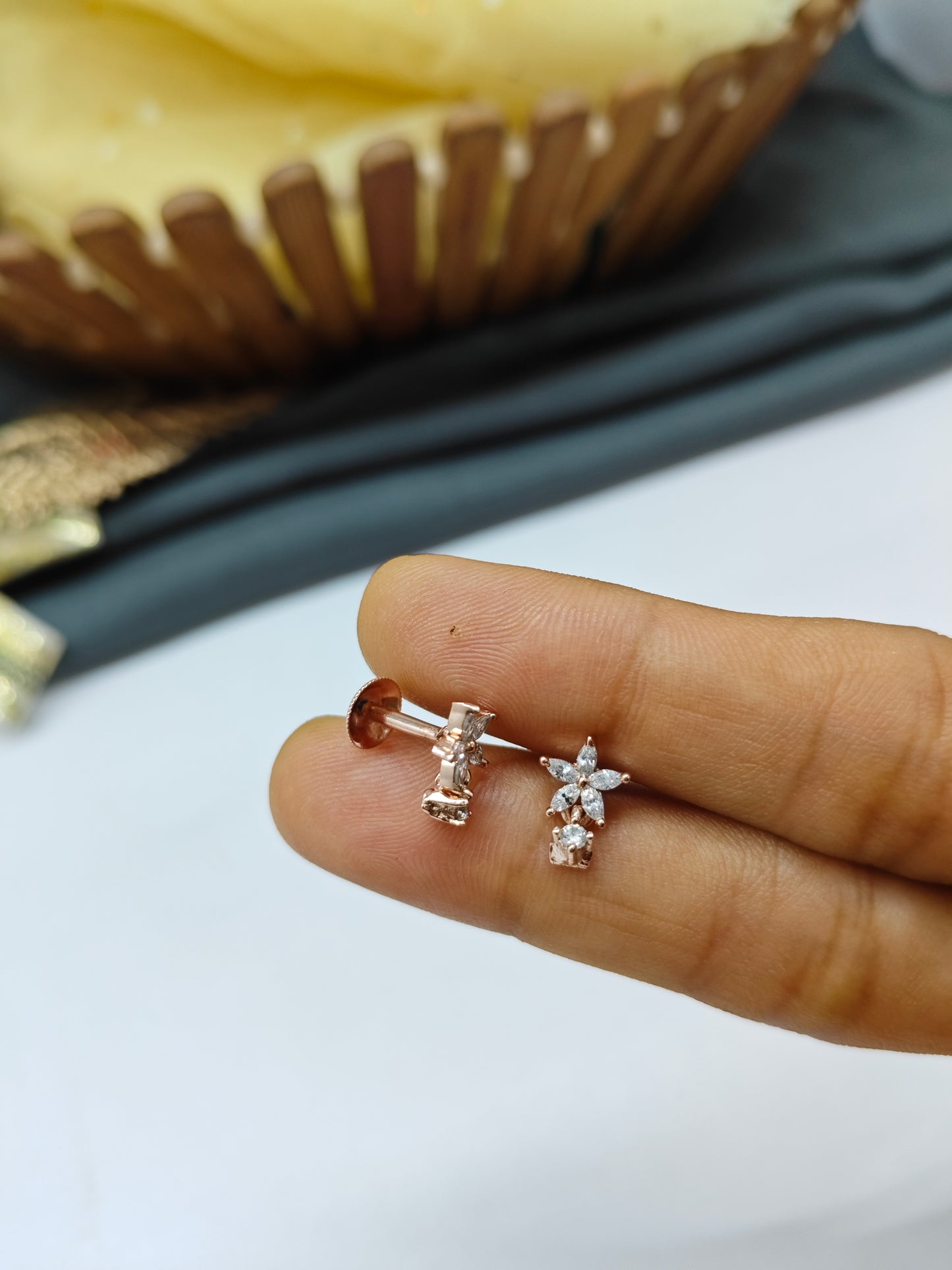 925 Silver Rose Gold Small Star Thongal Design With White Stone Earrings