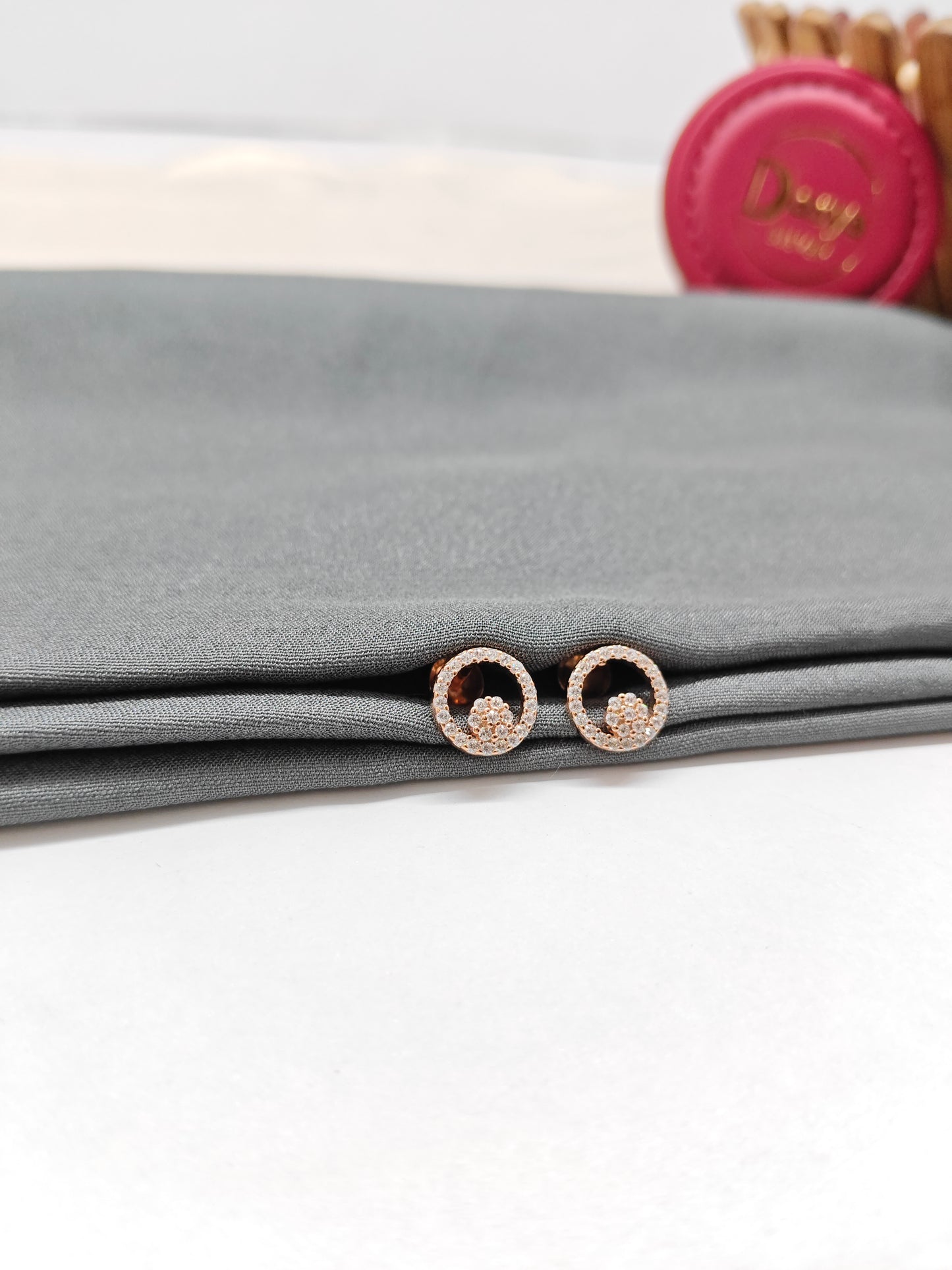 925 Silver Rose Gold Round Dot Design White Stone Earrings
