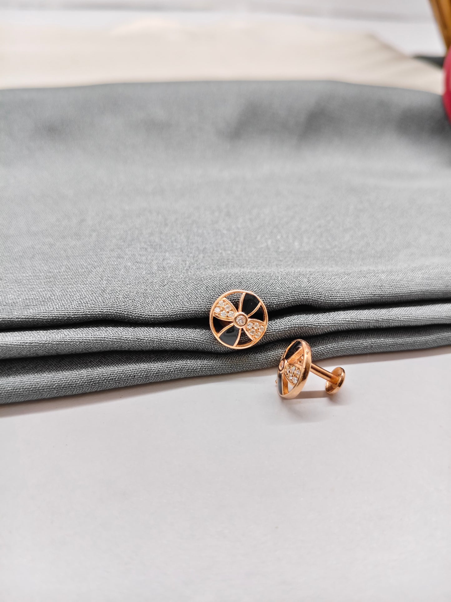 925 Silver Rose Gold Round Design Black Enamel With White Stone Earrings
