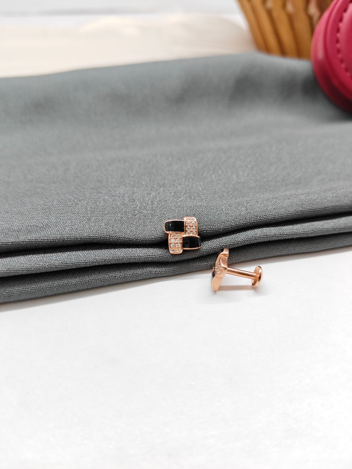 925 Silver Rose Gold Square Design Black Enamel With White Stone Earrings