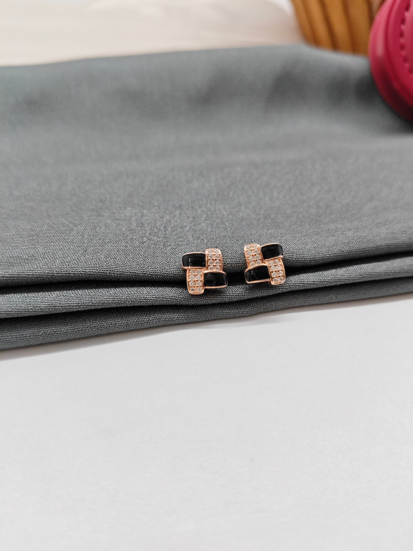 925 Silver Rose Gold Square Design Black Enamel With White Stone Earrings