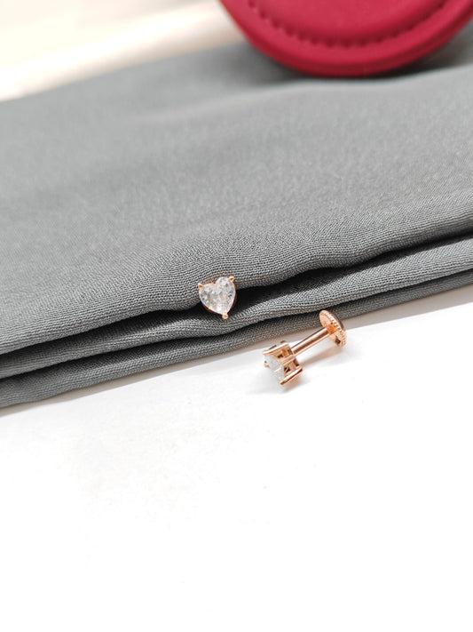 925 Silver Rose Gold Small Heart Single Stone Earrings