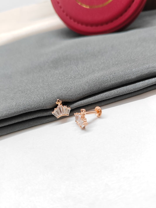925 Silver Rose Gold Crown Design White Stone Earrings