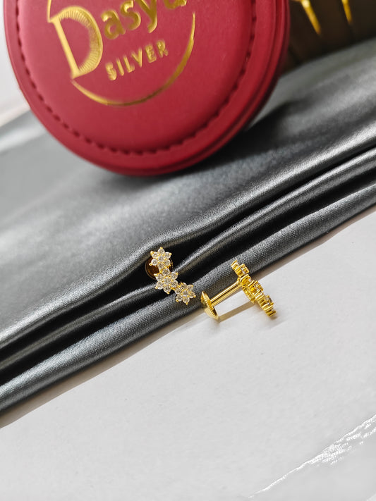 925 Silver Gold 3 Star Design With White Stone Earrings